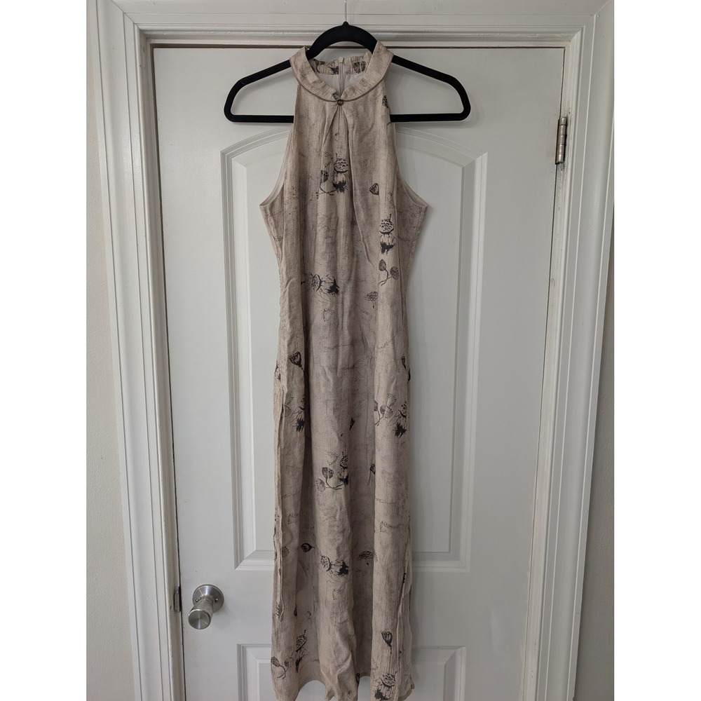 Women's Halter Midi Dress in Beige Floral, Size Medium